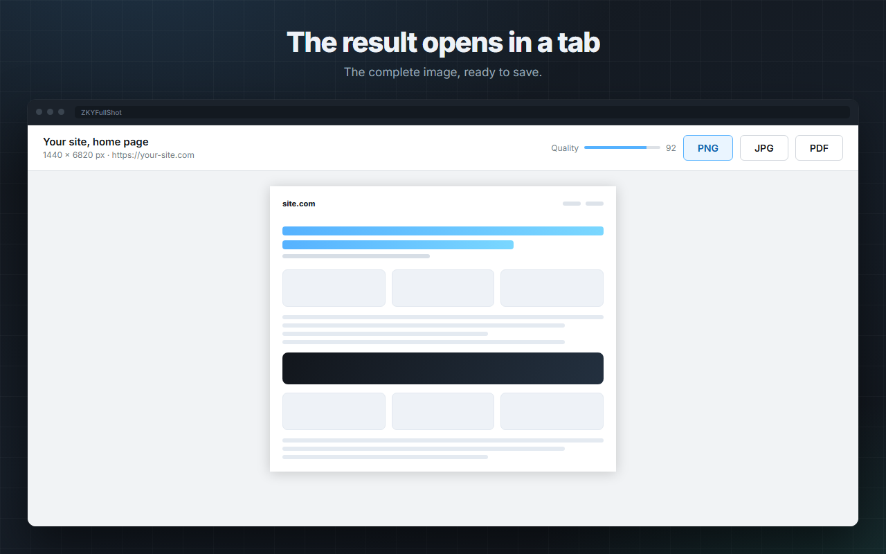 The ZKYFullShot result tab, with the complete image and the PNG, JPG and PDF buttons