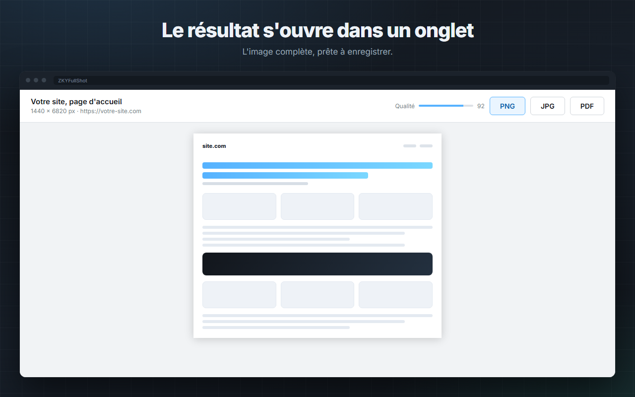 L'onglet de résultat de ZKYFullShot, avec l'image complète et les boutons PNG, JPG et PDF